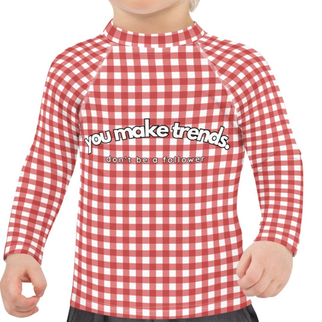 YMT classics kids long sleeve rash guard swim top UPF50 by day red gingham.