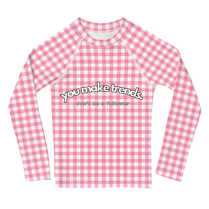 YMT classics kids long sleeve rash guard swim top UPF50 by day pink gingham.
