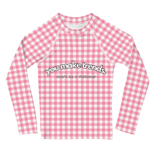 YMT classics kids long sleeve rash guard swim top UPF50 by day pink gingham.