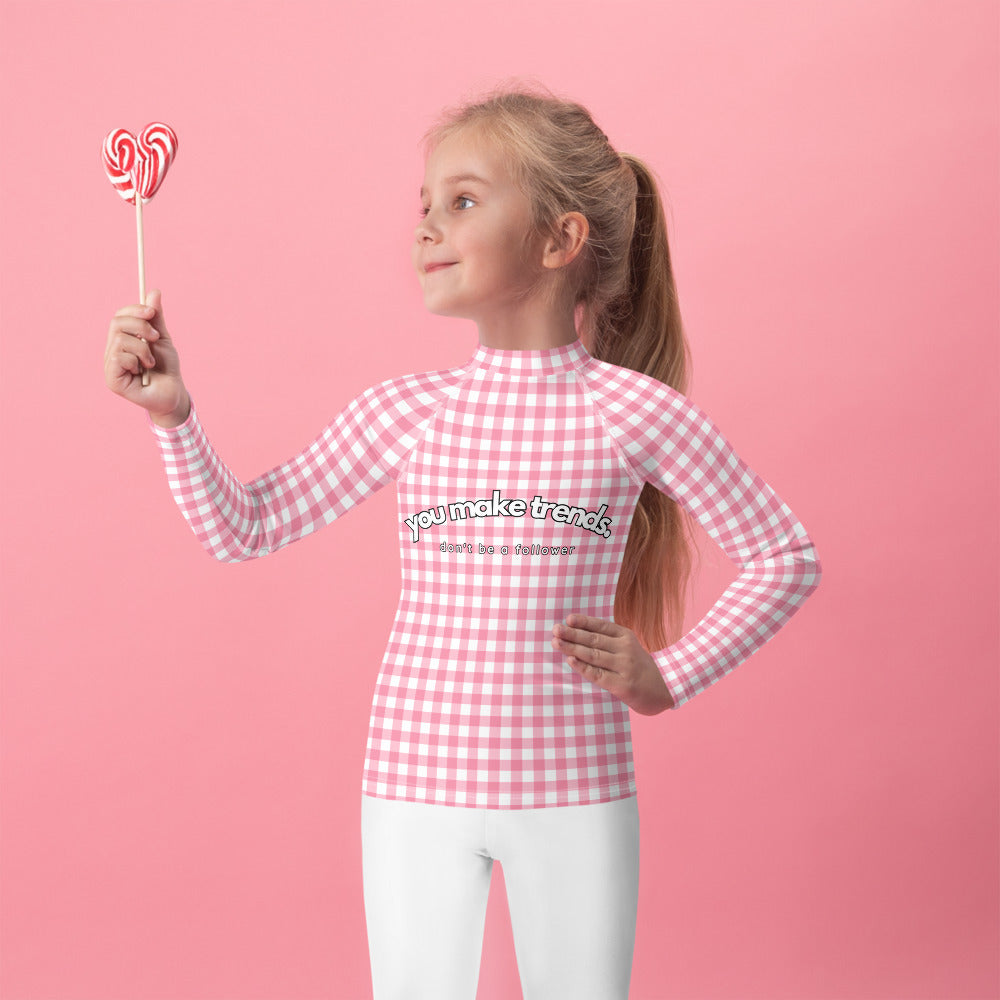 YMT classics kids long sleeve rash guard swim top UPF50 by day pink gingham.
