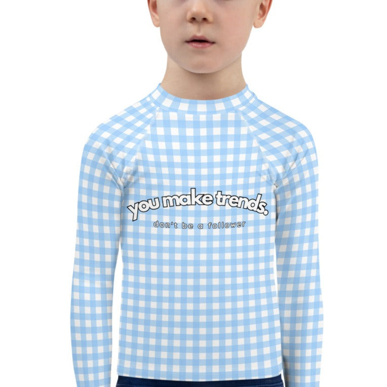 YMT classics kids long sleeve rash guard swim top UPF50 by day baby blue gingham.
