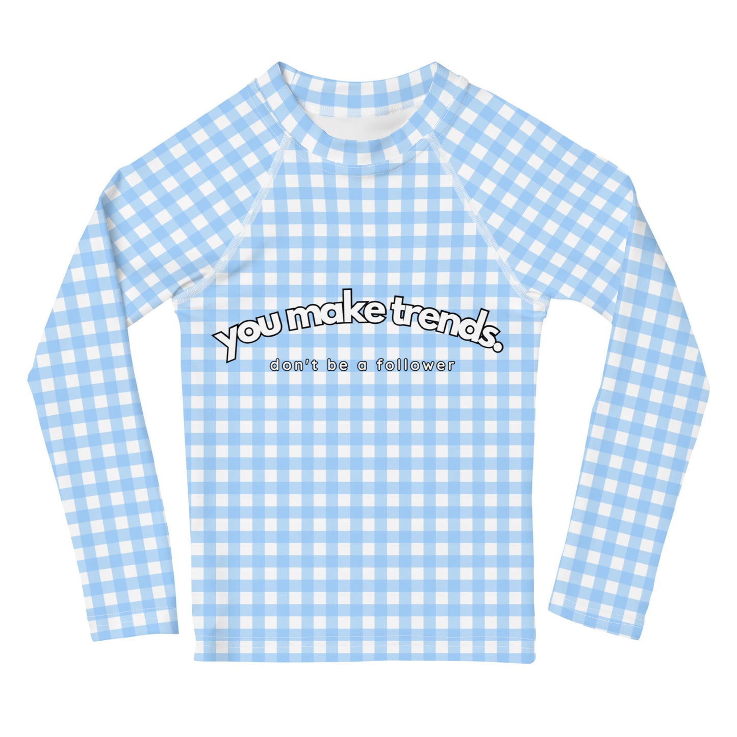 YMT classics kids long sleeve rash guard swim top UPF50 by day baby blue gingham.