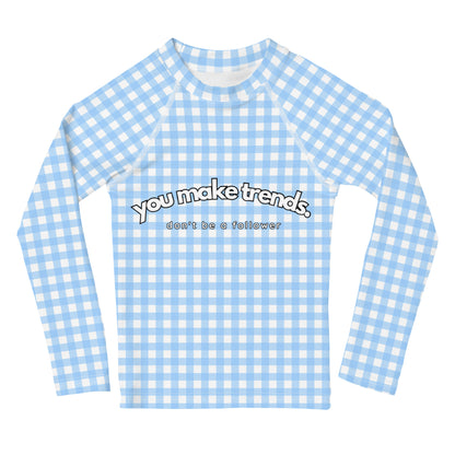 YMT classics kids long sleeve rash guard swim top UPF50 by day baby blue gingham.