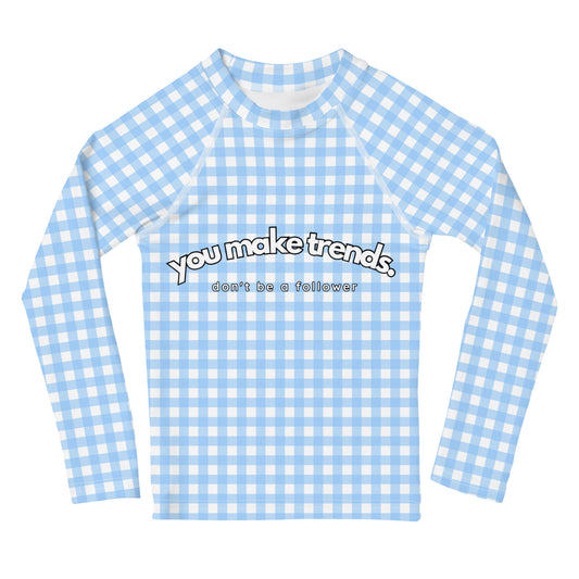 YMT classics kids long sleeve rash guard swim top UPF50 by day baby blue gingham.