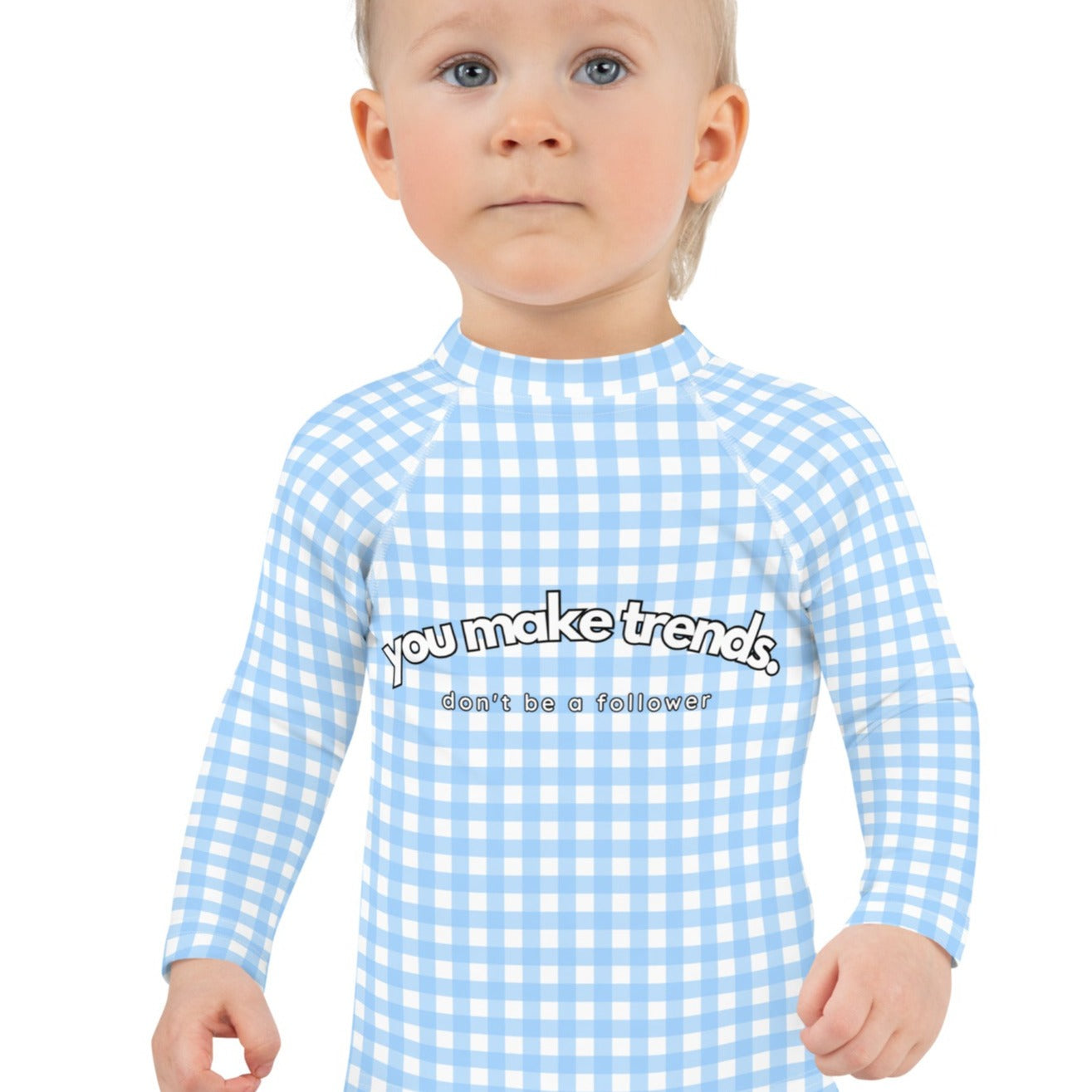 YMT classics kids long sleeve rash guard swim top UPF50 by day baby blue gingham.