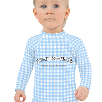 YMT classics kids long sleeve rash guard swim top UPF50 by day baby blue gingham.