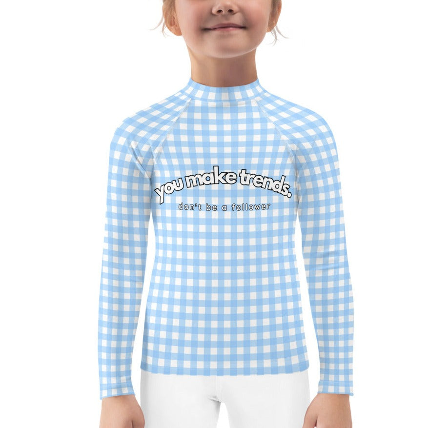 YMT classics kids long sleeve rash guard swim top UPF50 by day baby blue gingham.