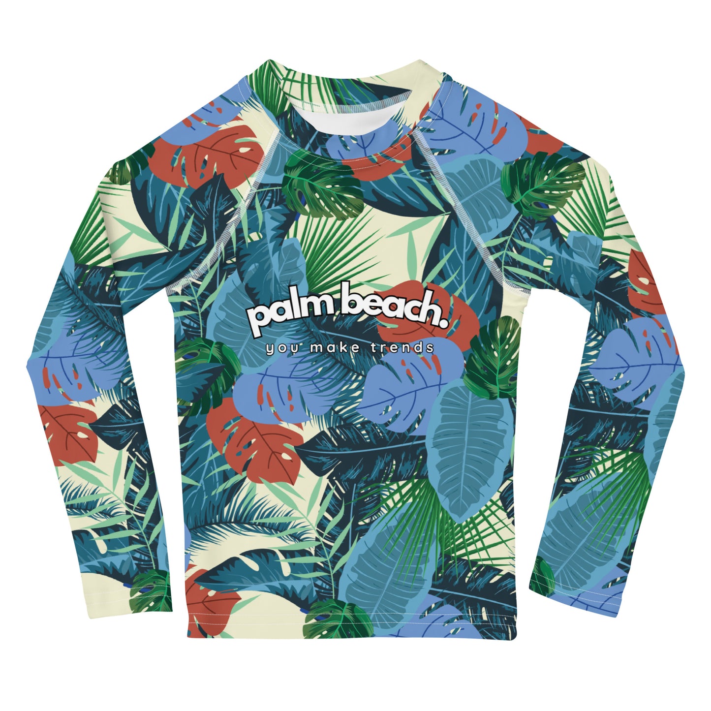 kids long sleeve rash guard swim top UPF50 palm beach by night blue tropical.