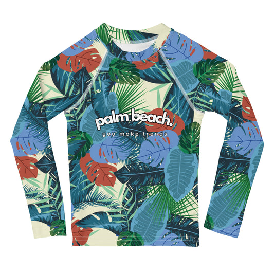 kids long sleeve rash guard swim top UPF50 palm beach by night blue tropical.