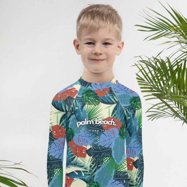 kids long sleeve rash guard swim top UPF50 palm beach by night blue tropical.