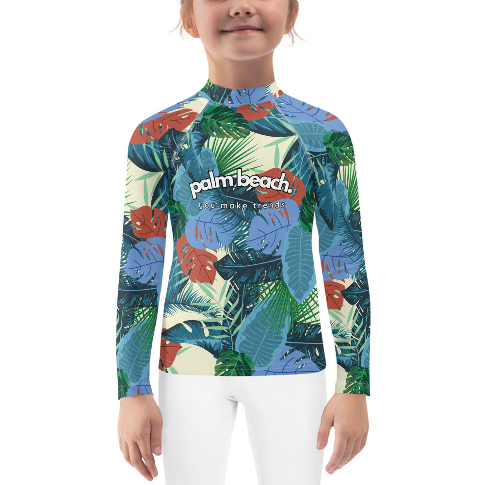 kids long sleeve rash guard swim top UPF50 palm beach by night blue tropical.