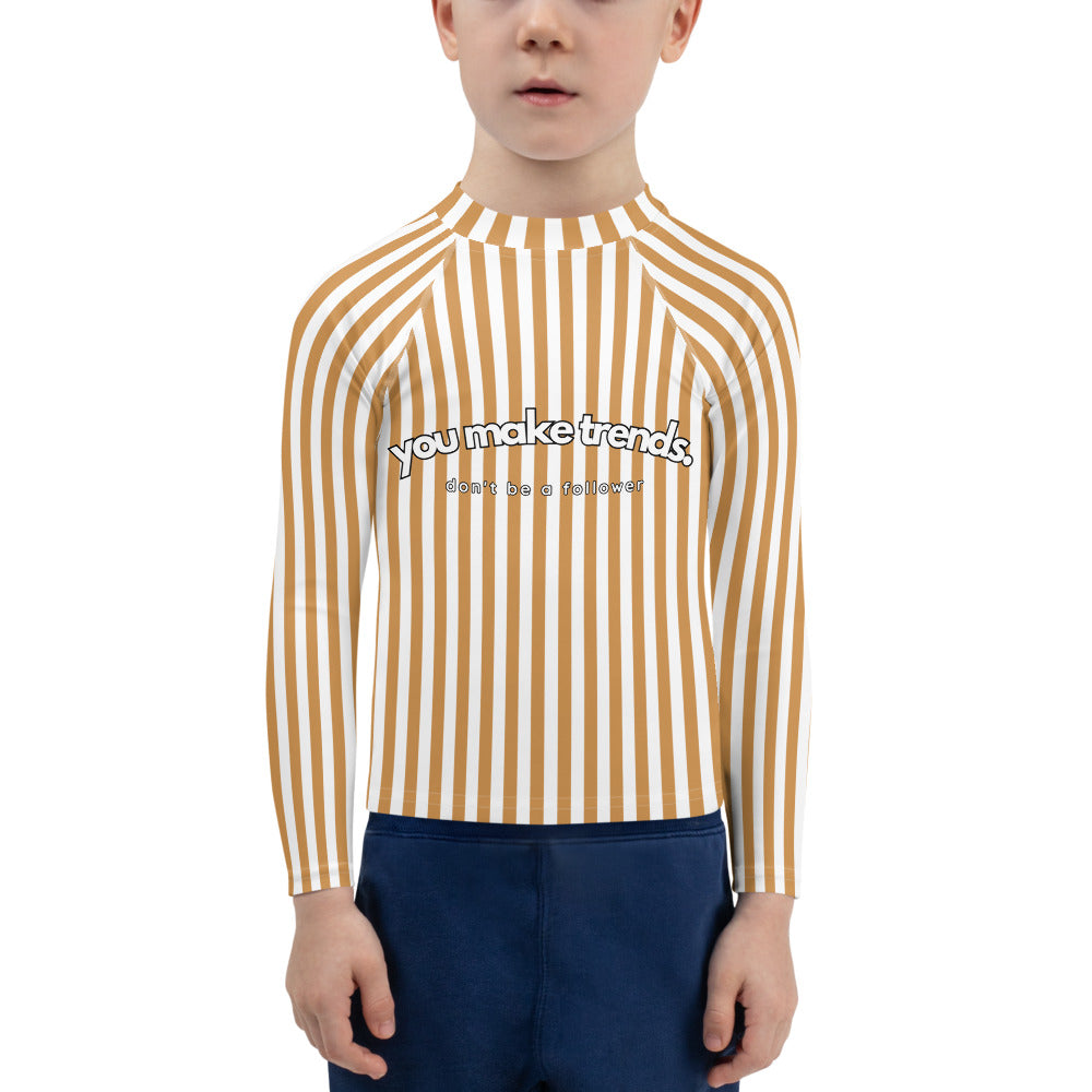 YMT classics kids long sleeve rash guard swim top UPF50 by day yellow orange brown mustard stripes.
