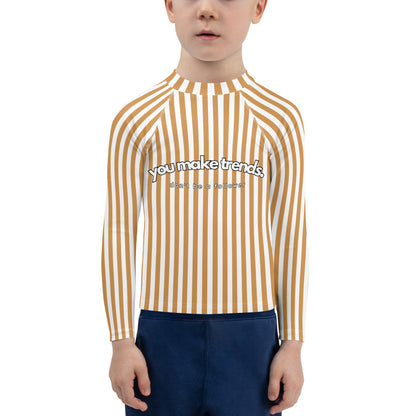 YMT classics kids long sleeve rash guard swim top UPF50 by day yellow orange brown mustard stripes.