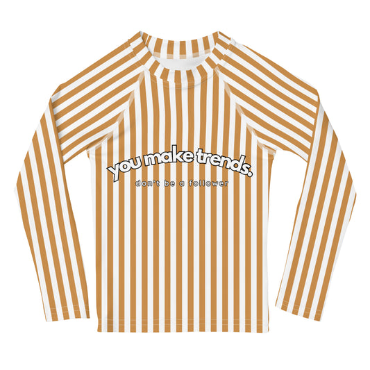 YMT classics kids long sleeve rash guard swim top UPF50 by day yellow orange brown mustard stripes.
