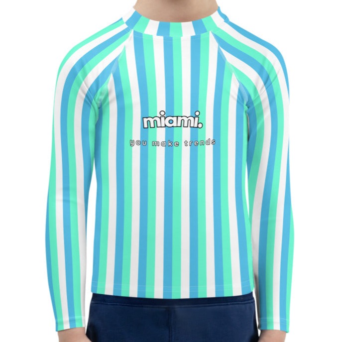 kids long sleeve rash guard swim top UPF50 miami by day neon blue green stripes.