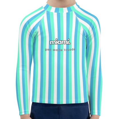 kids long sleeve rash guard swim top UPF50 miami by day neon blue green stripes.