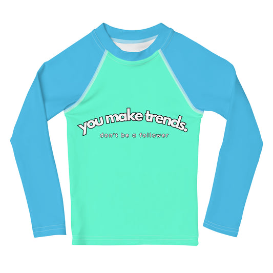 YMT classics kids long sleeve rash guard swim top UPF50 by night neon green blue.