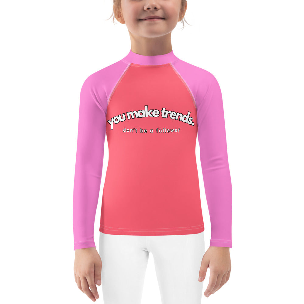YMT classics kids long sleeve rash guard swim top UPF50 by night neon pink coral.