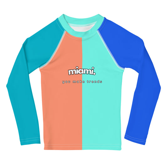 kids long sleeve rash guard swim top UPF50 miami by night colorblock blue.