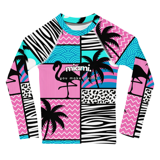 kids long sleeve rash guard swim top UPF50 miami by night blue pink art deco.