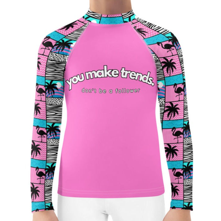 YMT classics kids long sleeve rash guard swim top UPF50 by day blue pink art deco.
