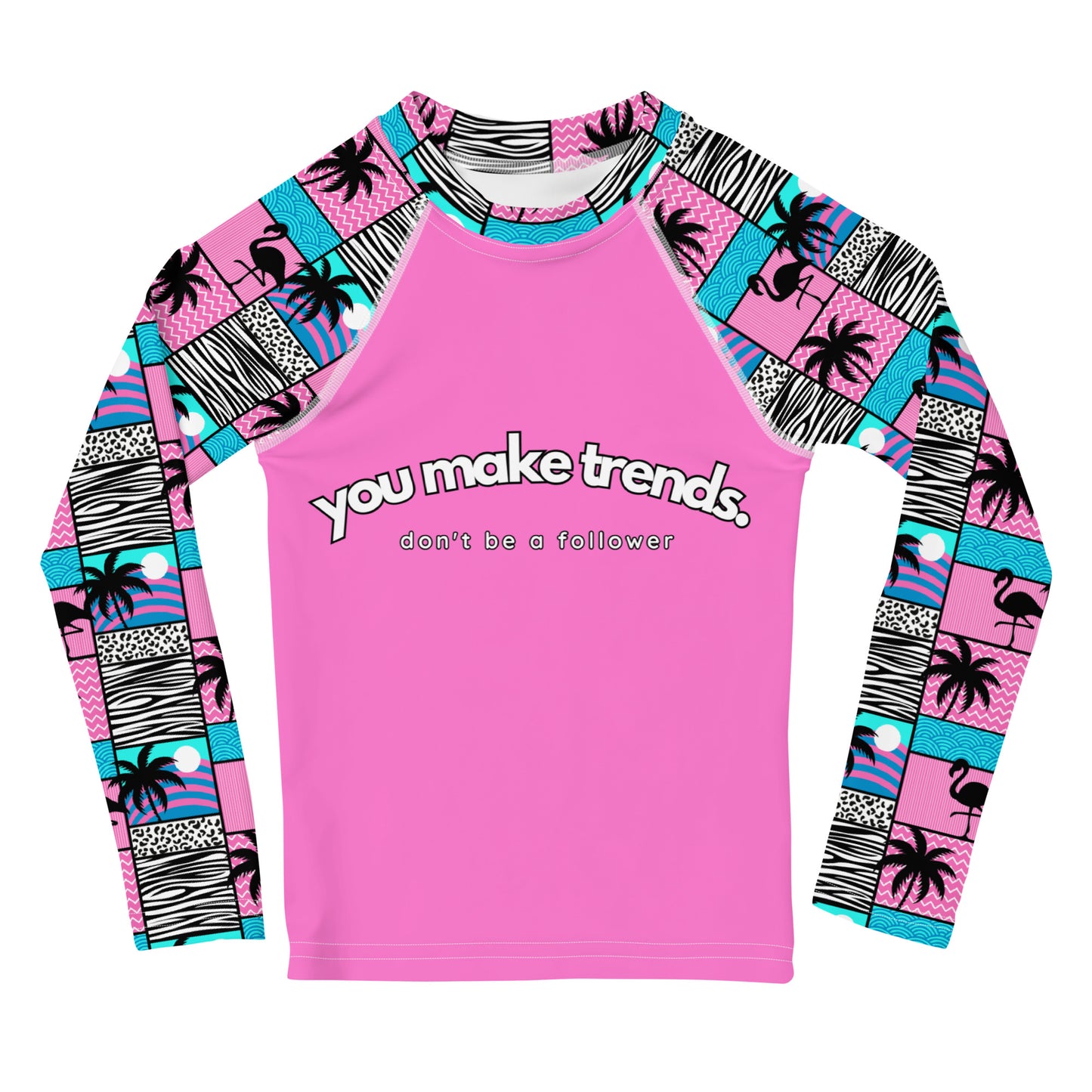YMT classics kids long sleeve rash guard swim top UPF50 by day blue pink art deco.