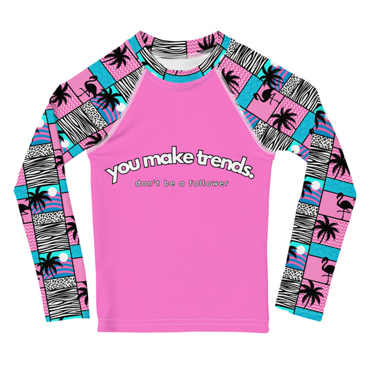 YMT classics kids long sleeve rash guard swim top UPF50 by day blue pink art deco.