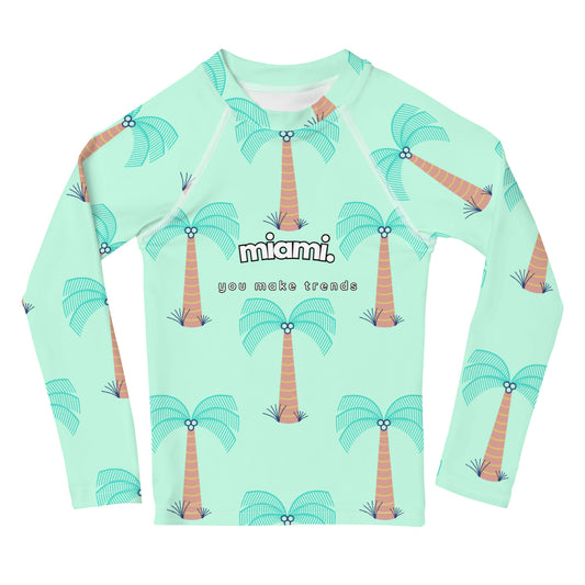 kids long sleeve rash guard swim top UPF50 miami by night blue green mint palm trees.
