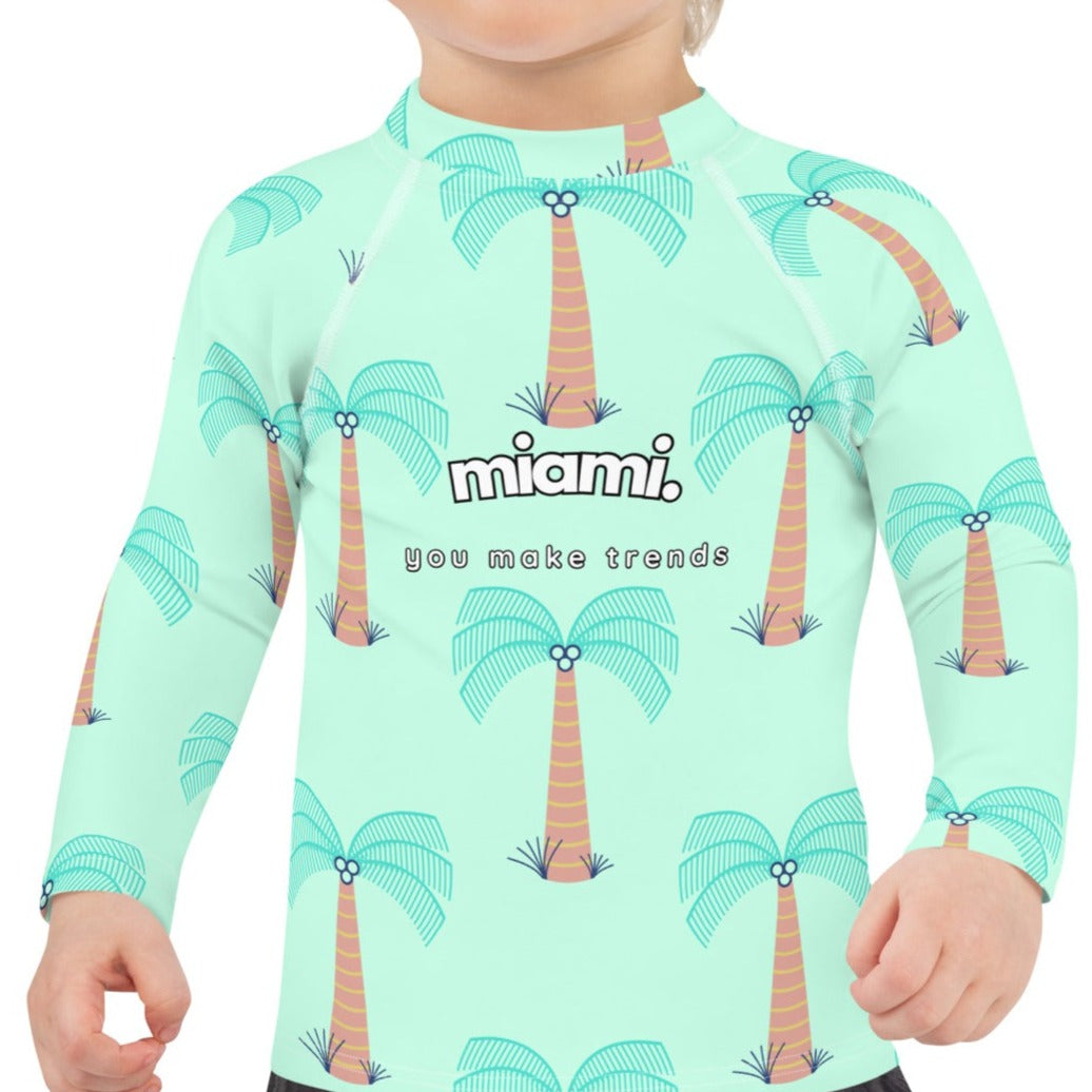 kids long sleeve rash guard swim top UPF50 miami by night blue green mint palm trees.