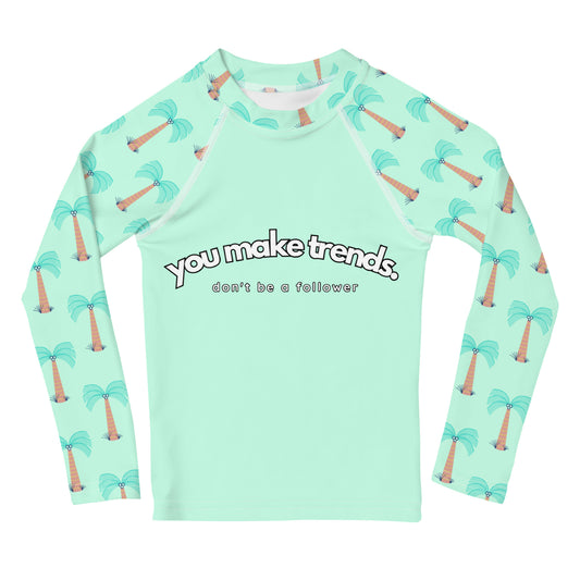 YMT classics kids long sleeve rash guard swim top UPF50 by day blue green mint palm trees.