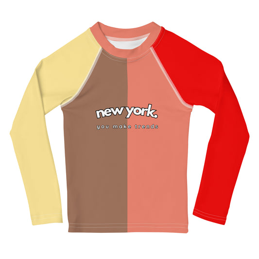 kids long sleeve rash guard swim top UPF50 new york by night colorblock red.