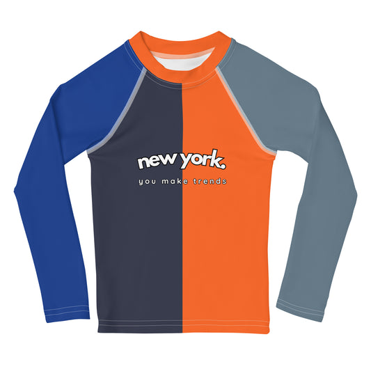 kids long sleeve rash guard swim top UPF50 new york by night colorblock grey.