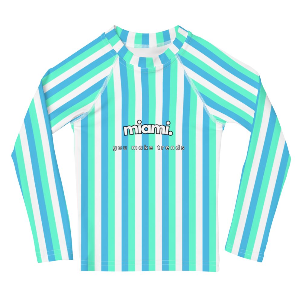 kids long sleeve rash guard swim top UPF50 miami by day neon blue green stripes.