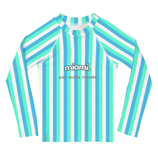 kids long sleeve rash guard swim top UPF50 miami by day neon blue green stripes.