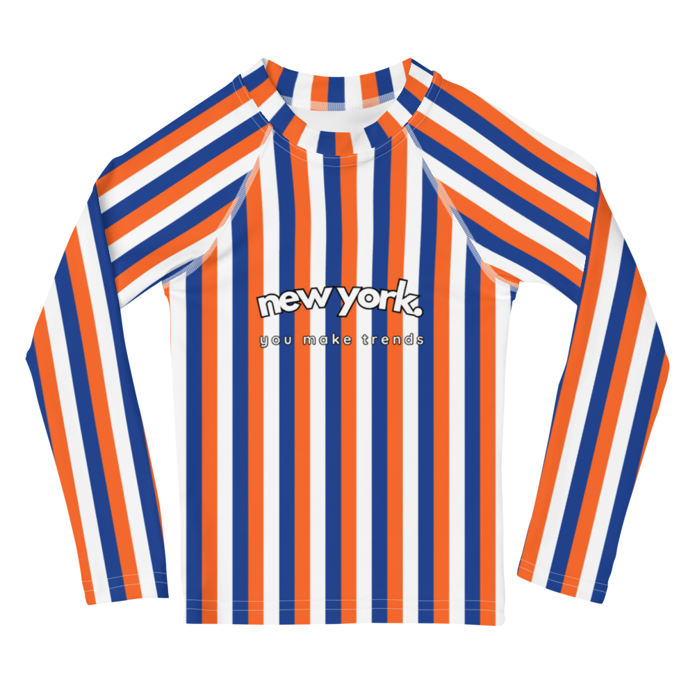 kids long sleeve rash guard swim top UPF50 new york by day orange blue indigo stripes.