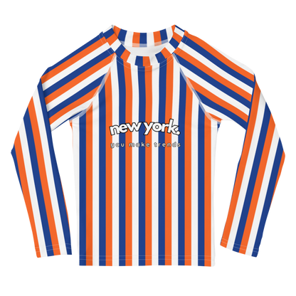 kids long sleeve rash guard swim top UPF50 new york by day orange blue indigo stripes.