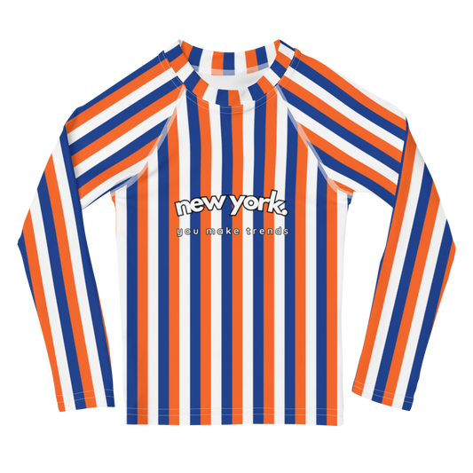 kids long sleeve rash guard swim top UPF50 new york by day orange blue indigo stripes.