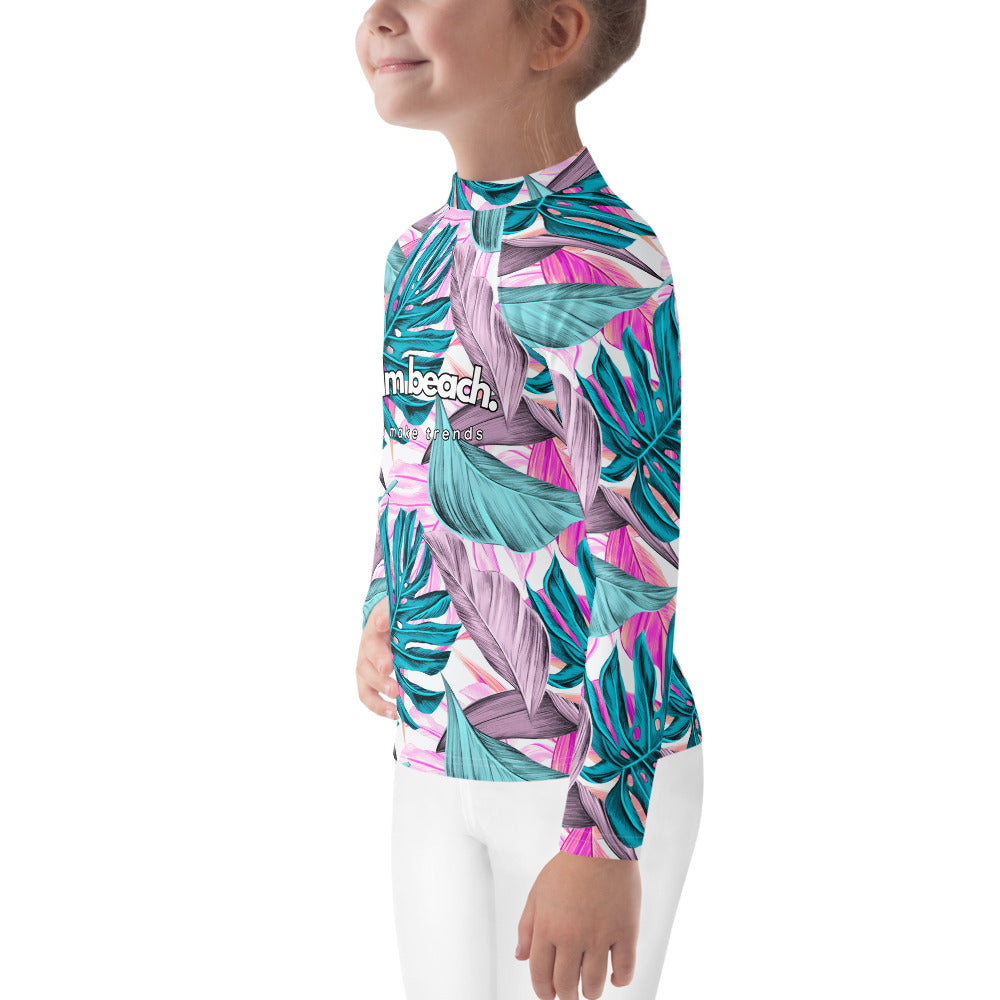 kids long sleeve rash guard swim top UPF50 palm beach by night pink tropical.