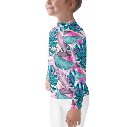 kids long sleeve rash guard swim top UPF50 palm beach by night pink tropical.
