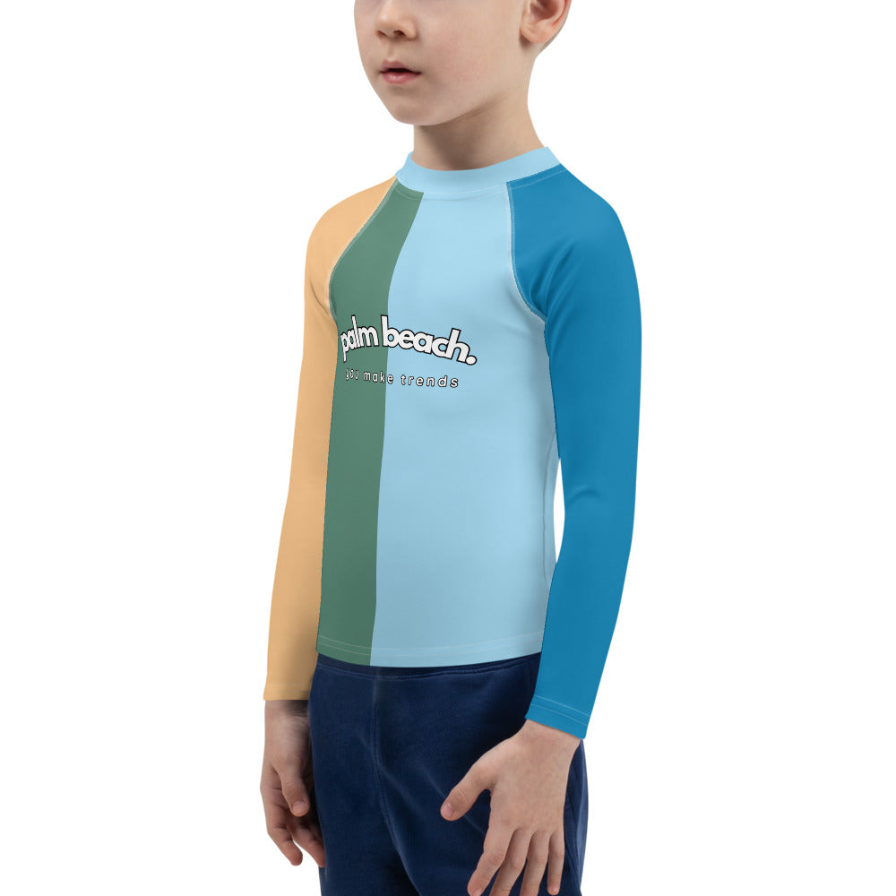 kids long sleeve rash guard swim top UPF50 palm beach by night colorblock blue.