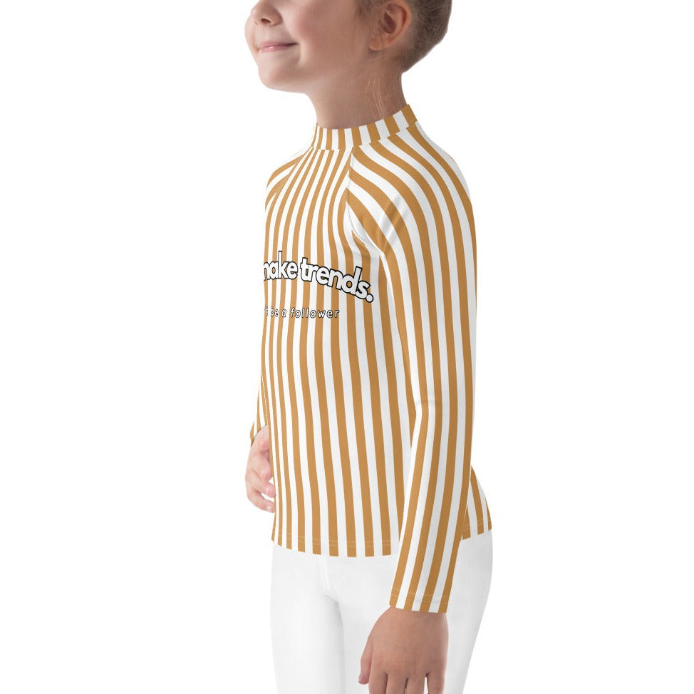 YMT classics kids long sleeve rash guard swim top UPF50 by day yellow orange brown mustard stripes.