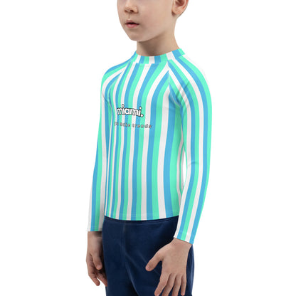 kids long sleeve rash guard swim top UPF50 miami by day neon blue green stripes.