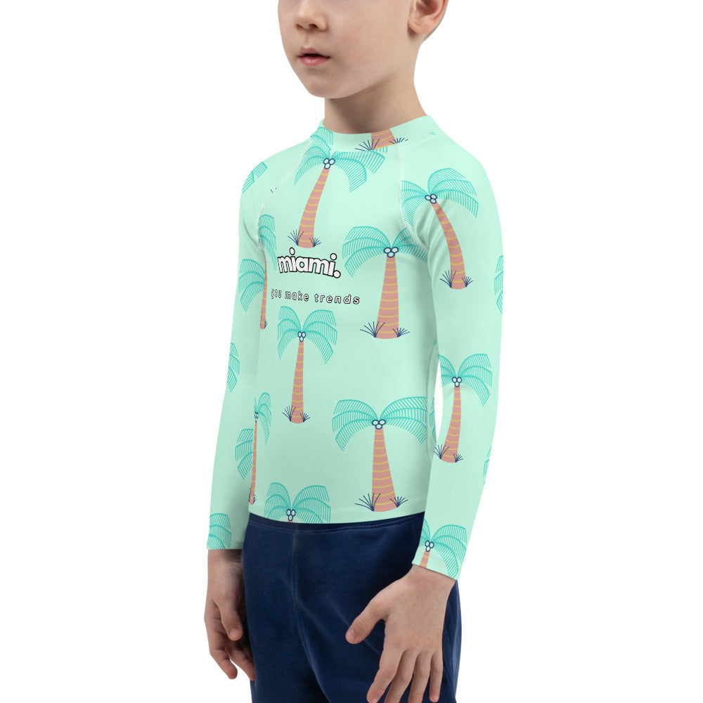 kids long sleeve rash guard swim top UPF50 miami by night blue green mint palm trees.