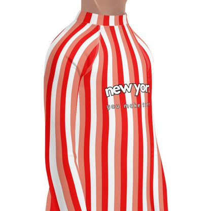 kids long sleeve rash guard swim top UPF50 new york by day pink coral red stripes.