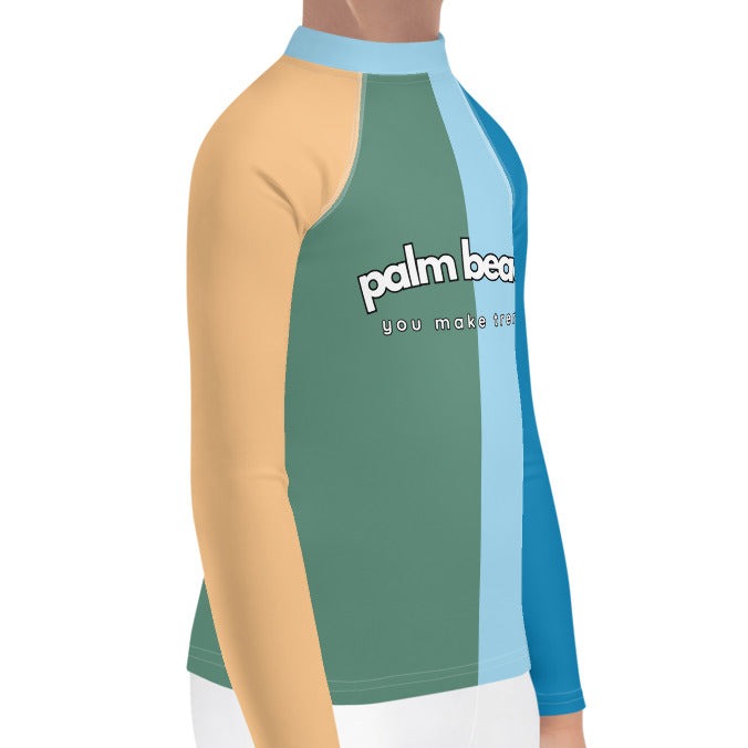 kids long sleeve rash guard swim top UPF50 palm beach by night colorblock blue.