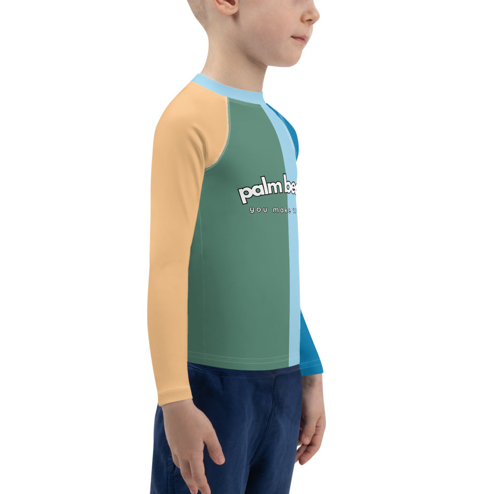 kids long sleeve rash guard swim top UPF50 palm beach by night colorblock blue.