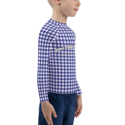 YMT classics kids long sleeve rash guard swim top UPF50 by day dark blue gingham.