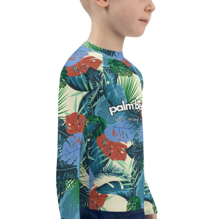 kids long sleeve rash guard swim top UPF50 palm beach by night blue tropical.