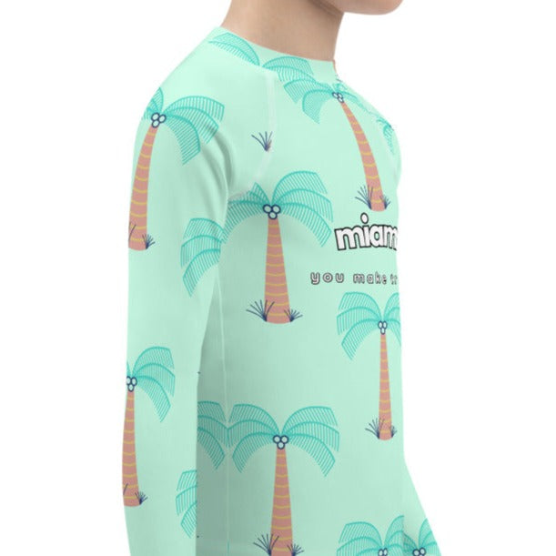 kids long sleeve rash guard swim top UPF50 miami by night blue green mint palm trees.